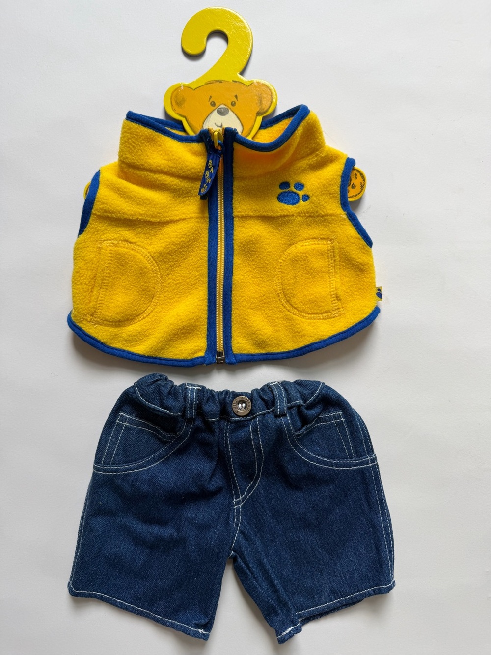 Build A Bear Blue Yellow Fleece Vest Denim Jeans Pants Teddy Outfit w Hanger VTG